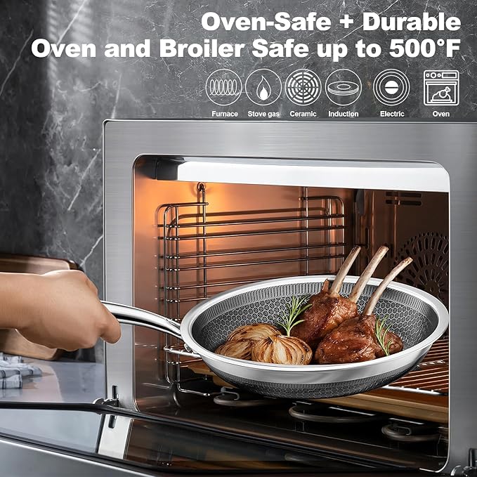 FogDream Non Stick Frying Pans, 10 Inch Stainless Steel Skillet with Tempered Glass Lid Tri-Ply Stainless Steel for All Cooktops, Dishwasher & Oven-Safe Cooking Pan, Stay-Cool Handle, Silver