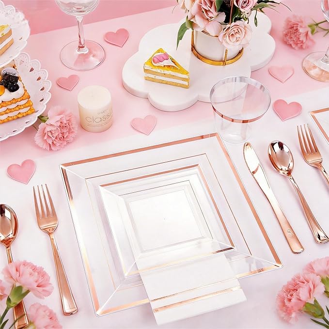 Festiva 350Pcs Rose Gold Plastic Plates - Clear Rose Gold Disposable Dinnerware Sets for 50Guests include 100 Plates 50 Cups 50Plastic Cutlery 50Napkins for Party&Wedding& Mother's Day