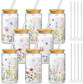 Mumufy 8 Pack Gift for Women Wild Flower Glass Cup Tumbler Butterfly Iced Coffee Mugs 16 oz Glass with Bamboo Lid & Straw, Christmas Mothers Day Birthday Gift for Mom Sister Bridesmaid Baby Shower