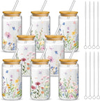 Mumufy 8 Pack Gift for Women Wild Flower Glass Cup Tumbler Butterfly Iced Coffee Mugs 16 oz Glass with Bamboo Lid & Straw, Christmas Mothers Day Birthday Gift for Mom Sister Bridesmaid Baby Shower