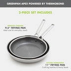 GreenPan Hybrid 9.5” & 11” Nonstick Stainless Steel Frying Pan Set, APEX Tri-Ply Thermobond PFAS-Free Ceramic Skillets, Induction & All Cooktop Compatible, Oven Temp to 850°F, Dishwasher Safe, Silver