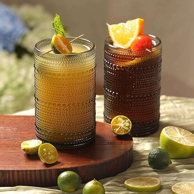 Moretoes Hobnail Drinking Glasses Set of 6,12 Oz Highball Glasses Clear Embossed Boho Water Glass Cups Kitchen Bar Tumbler Glassware Set for Whiskey, Beer, Juice, Milk and Various Mixed Drinks (Gray)