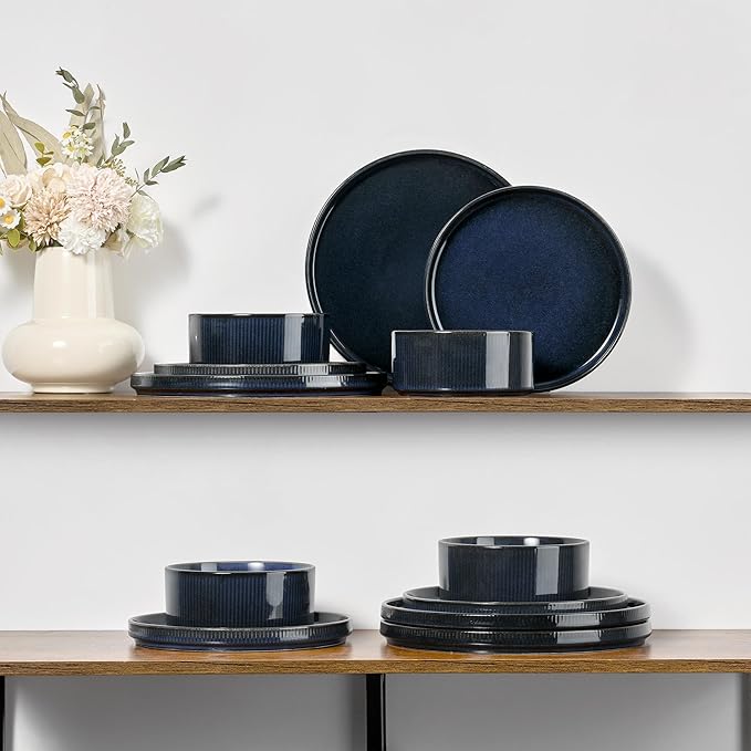 E-far Stoneware Dinnerware Sets for 2, 6-Piece Plates and Bowls Sets, Chip & Scratch Resistant Ribbed Dish Set for Home Restaurant, Microwave & Dishwasher Safe, Midnight Blue