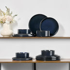 E-far Stoneware Dinnerware Sets for 2, 6-Piece Plates and Bowls Sets, Chip & Scratch Resistant Ribbed Dish Set for Home Restaurant, Microwave & Dishwasher Safe, Midnight Blue