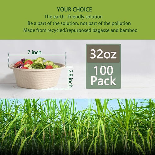32 Ounce Large Paper Bowls Disposable Soup Bowl Disposable Heavy Duty Compostable Bowls, Eco-friendly Sugarcane and Bamboo Bagasse Biodegradable Bowl for Soup, Salad, Dessert, Ice Cream [100 Pack]