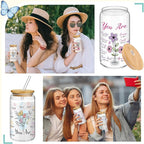 Mumufy 4 Pack Christian Inspiration Flower Glass Cup with Bamboo Lid and Straw Tumbler Iced Coffee Mugs 16 oz Glass, Mothers Day Birthday Women Religious Gift for Mom Sister Bridesmaid Baby Shower