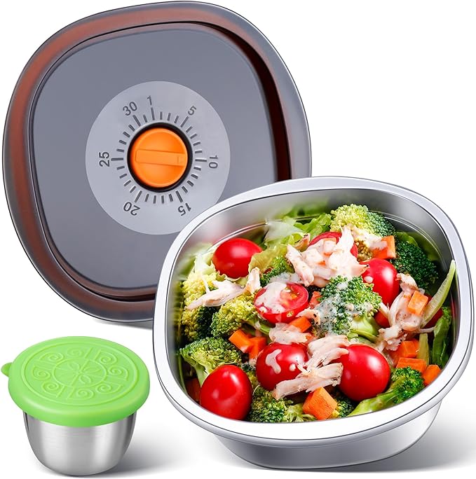KTKUDY Stainless Steel Salad Bowl with Lid & Dressing Cup - 50 oz Leakproof Salad Container for Meal Prep & Lunch To Go, Dishwasher Safe
