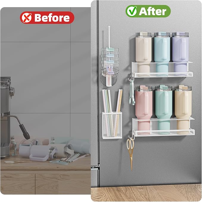 VITVITI 4 Pack Magnetic Cup Holder for Fridge, 40 OZ Metal Tumbler Holder for Stanley Cup, Magnetic Water Bottle Organizer with Lid Straw Holder Set Heavy Duty (White)