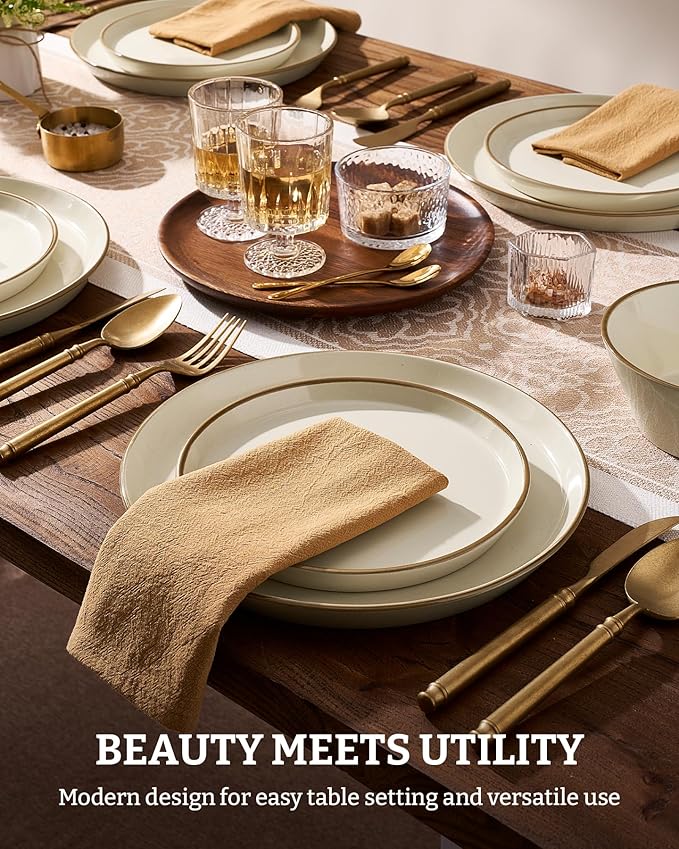 Famiware Saturn Dinnerware Sets, Plates and Bowls Sets for 4, 12 Pieces Stoneware Dish Set - Chip and Scratch Resistant, Microwave and Dishwasher Safe Tableware Set, Vanilla White with Rim
