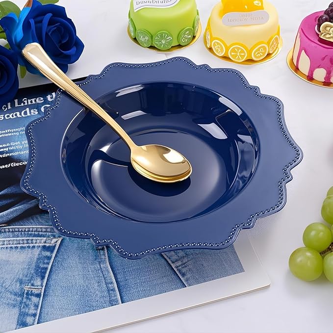 COLOSUS Navy Blue Plastic Party Bowls (60 Pack) 12 Oz Disposable Soup/Salad Bowl, Fancy Shatterproof Dinnerware for Catering, Holidays, Weddings, and Everyday Use