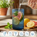 Moretoes Hobnail Drinking Glasses Set of 6, 12 Oz Highball Glasses & 10 Oz Cocktail Glasses, Clear Embossed Boho Glass Cups Kitchen Bar Tumbler Glassware Set for Whiskey, Beer, Juice, Milk (Blue)
