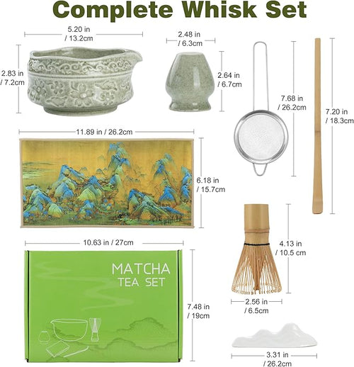 7Pcs Matcha Whisk Set, Ceramic Matcha Bowl with Spout, Bamboo Whisk and Holder,Bamboo Scoop,Scoop Rest,Sifter,Tea Towel,Matcha Kit with Cherry Blossom Carved Patterns (Sakura Green)