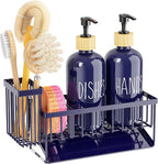 Cisily Navy Blue Kitchen Dish Soap Dispenser, 16 fl Oz Dual Kitchen Soap Dispensers with Sponge Holder, Customized Stainless Steel Kitchen Soap Dispenser Set, Modern Hand and Dish Soap Bottle Set