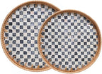 Set of 2 Rattan Checkered Tray with Mother of Pearl, Round Coffee Table Tray Decor, Round Wicker Boho Decorative Woven Serving Tray (Checkerboard)