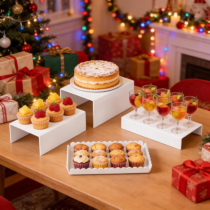 Food Display Stands, 4 PCS Acrylic Buffet Risers for Party Table, U-Shaped Tiered Acrylic Display Risers for Catering Dessert Drink Party Supply, Scalloped Serving Tray for Cupcake Fruit (Glossy White 4 PCS)