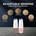 Rechargeable Electric Salt and Pepper Grinder set of 2, gravity electric salt and pepper grinder set, Adjustable Roughness, LED Light, 2 Pack, (White)