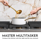 Gold Kitchen Utensils Set – 7-Piece White Silicone Cooking Tools with Gold Utensil Holder – Luxury Kitchen Accessories for Stylish Cooking and Serving, Ideal for Gifting
