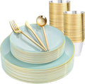 bUCLA 150PCS Green Plastic Plates - Sage Green with Gold Rim Disposable - Include 25 (Dinner & Dessert) Plates, 25 Knives, 25 Forks, 25 Spoons and 25 Cups for Party, Birthday & Spring