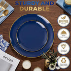 KIRE 175Pcs Blue Plastic Plates - Navy Blue Plates Disposable - 25 for Dinner 25 for Dessert 25 Pre Rolled Napkins with Gold Plastic Silverware and 25 Cups for Birthday/Wedding/Passover/Graduation