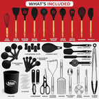 Kaluns 50 PCS Silicone Kitchen Utensils Set Complete Kitchen Set - 800°F Heat Resistant Non-Stick Premium Cooking Utensils W Wooden Handles - Can Opener, Masher, Turner, Silicone Spatula Set