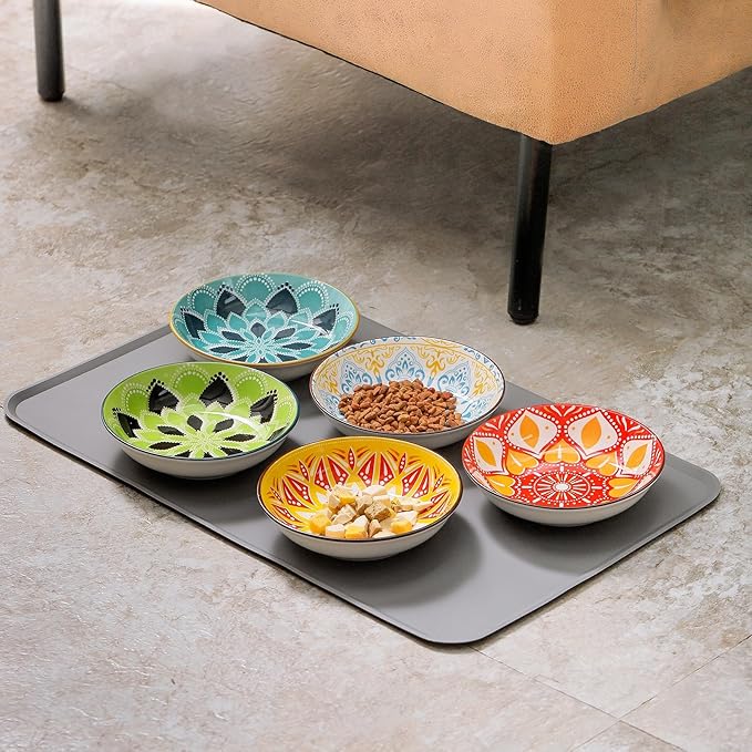 Boho 5 Ceramic Cat Bowls with Silicone Mat, 5.5 inch Wide Shallow Cat Food Bowl for Whisker Relief