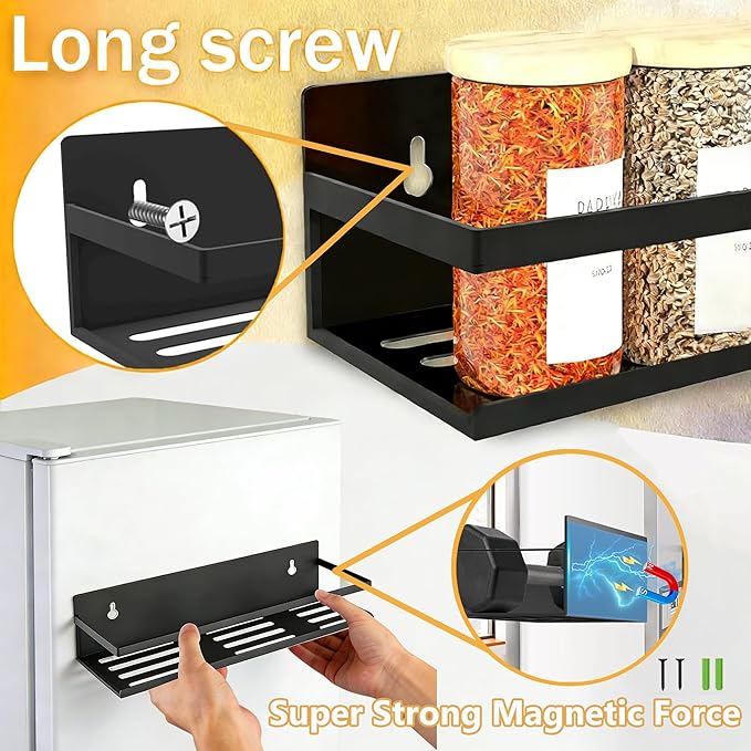 Magnetic Spice Rack for Refrigerator Seasoning Organizer for Spice Fridge Shelf storage Magnetic Shelf with Hook for Oven(6pack) (4Pack-Cut out-black)