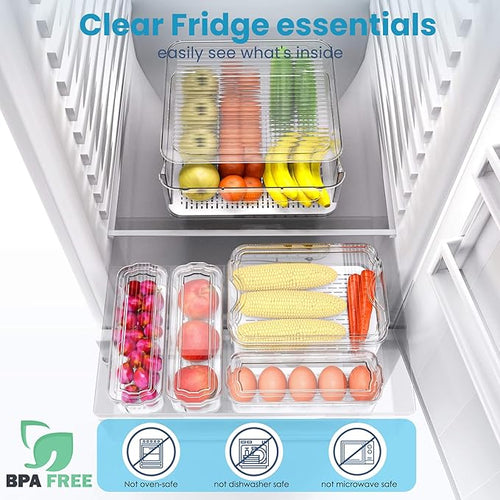 8 Pack Refrigerator Organizers, Clear Pull-out Drawer Container and Organizer Bins with Lids, Stackable Storage Containers for Fruits, Vegetable (Set of 8 (Include Pull Out Drawer))