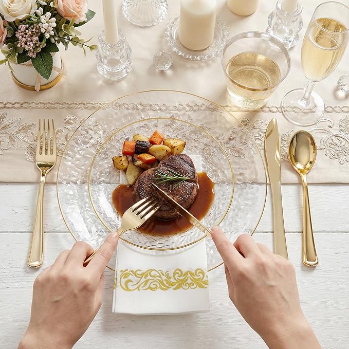 Rubtlamp 350 Pcs Clear Gold Plastic Plates, Hammered Disposable Dinnerware, Clear-Gold Plates Set Include 100 Plastic Platos, 150 Gold Disposable Silverware, 50 Cups And 50 Napkins for Party