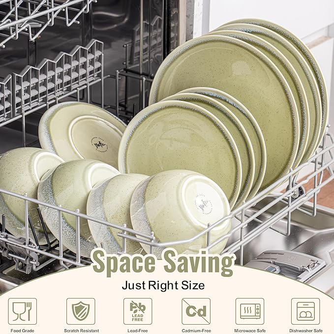 Dafuceramic Plates and Bowls Sets, 12 Pieces Grass Green Dinnerware Sets for Kitchen, Reactive Glaze Dishes Set for 4, Dishwasher and Microwave Safe, Series Starflecked Shore (Grass Green)