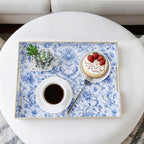 Serving Tray with Handles, 2 Pack Rectangular Plastic Tray 15.75x11.81 Inch, Blue and White Peony Chinese Porcelain Style Decorative Tray for Kitchen, Dining Table, Vanity, Office & Home
