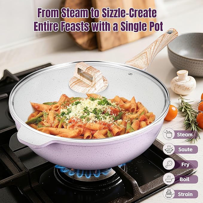 AOSION 12 Inch Nonstick Ceramic Deep Frying Pan Skille with Lid,5.5QT Sauté Pan for Cooking with Steam Rack,Healthy Large Skillet,Stay Cool Handle, Induction Compatible, PFOA & PFAS Free. (PURPLE)