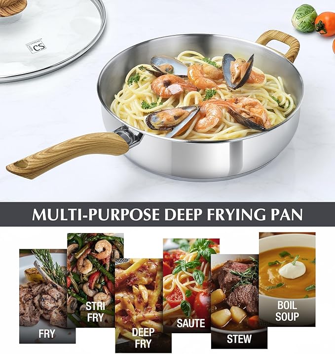 KOCH SYSTEME CS Stainless Steel Saute Pan 12 Inch, 6 Quart Deep Frying Pan with Lid, 18/10 Stainless Steel Saute Pan with Cool-Touch Bakelite Handle, Deep Fry Pan, Induction Ready
