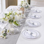 DaYammi 350PCS Silver Plastic Dinnerware Set for 50 Guests, Fancy Disposable Plates for Party, Include: 50 Dinner Plates, 50 Dessert Plates, 50 Pre Rolled Napkins with Silver Silverware, 50 Cups