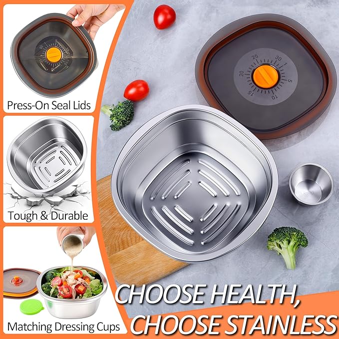 KTKUDY Stainless Steel Salad Bowl with Lid & Dressing Cup - 50 oz Leakproof Salad Container for Meal Prep & Lunch To Go, Dishwasher Safe