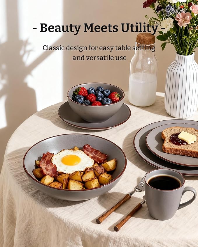 Famiware Venus Speckled Dinnerware Set with Pasta Bowls for 4 (16 Pieces), Stoneware Plates and Double Bowls, Matte Dark Gray - Microwave & Dishwasher Safe Dishes with Trim for Everyday & Formal Use