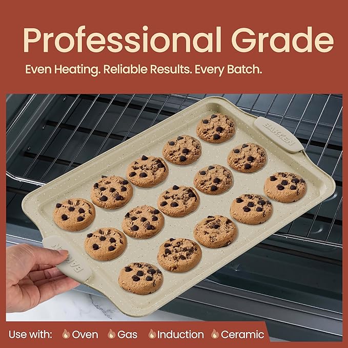 BAKKEN Kitchen Baking Pans - Medium (15.15 × 10.03") and Large (17.1 x 11.8") Nonstick Sheets, Carbon Steel Cookie Sheets with White Silicone Handle, PFOA, PFOS, PTFE Free, Oven Safe (450°F), Set of 2