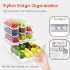 Fridge Organizers and Storage, 8 Pack Clear Freezer Organizer Bins with Lids for Kitchen, Pantry, Refrigerator, Food, Fruit, Vegetable Storage (8 Bins (Include Pull-out Drawer))