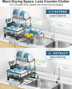 GSlife Large 2 Tier Dish Drying Rack, Expandable Heavy-Duty Dish Rack for Kitchen Counter, Rust-Resistant Dish Drainer with Utensil & Cup Holder, Auto-Drain, 16.9" W x 14.4"-22.4" L, Black