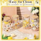 Mumufy 4 Pack Glass Cup with Bamboo Lid & Straw, 16 oz Iced Coffee Tumbler Set of 4, Honey Bee Floral Glass Cups, Reusable Clear Drinking Glasses for Iced Coffee, Tea, Smoothies, Gift for Women
