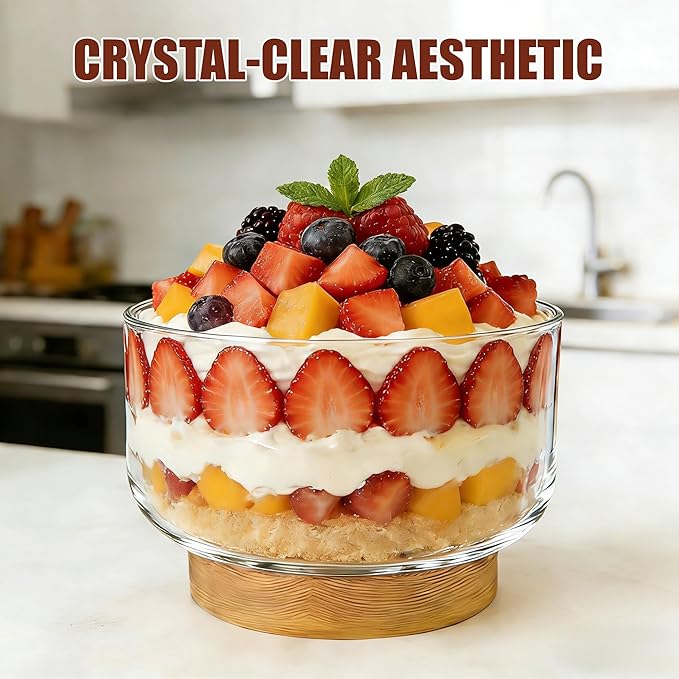 Prikoi 155oz Large Trifle Bowl with Wood Stand, Clear Glass for Displaying Layered Dessert, Salads, Fruit, Modern Design Food Storage Container, Elegant for Party, Holiday, Housewarming Gift