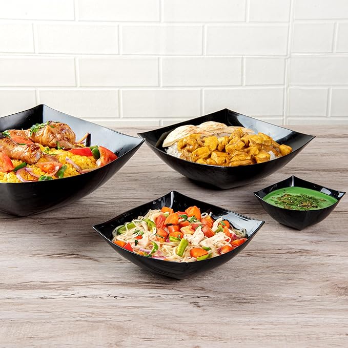 Restaurantware Moderna 32 Ounce Fancy Plastic Bowls 10 Square Disposable Salad Bowls - Durable Heavy-duty Black Plastic Bowls For Warm And Cold Foods
