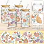 Mumufy 4 Pack Gift for Women Bohemian Flower Cute Glass Cup Tumbler Boho Floral Iced Coffee Mugs 16 oz Glass with Bamboo Lid & Straw, Mothers Day Birthday Gift for Mom Sister Bridesmaid Baby Shower