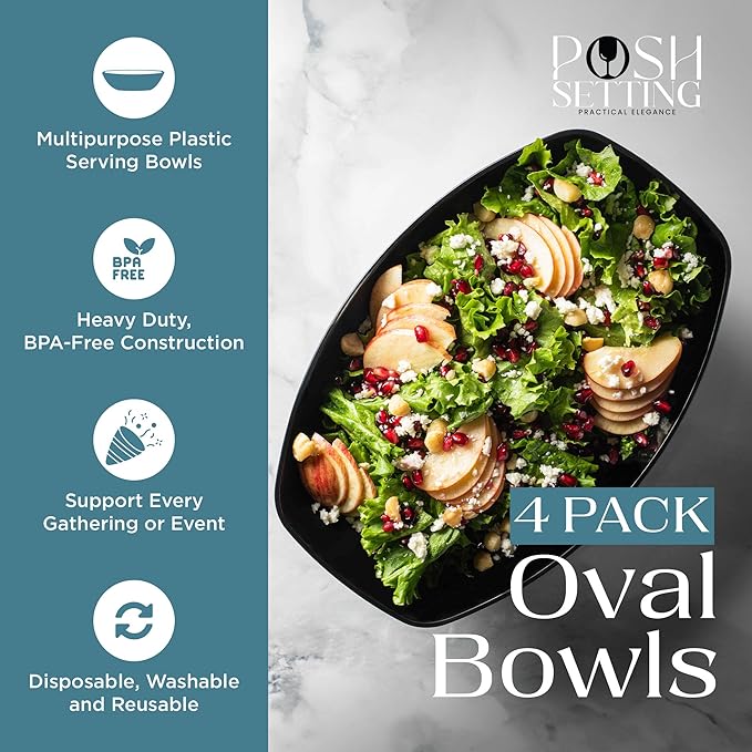 Posh Setting Black Plastic Serving Bowls Disposable - Oval Bowls - Oval Candy Bowl - Plastic Snacks & Chip Bowls for Parties - Black Party Serving Dishes 4 pack