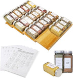 Spice Drawer Organizer with 28 Spice Jars and 216 Labels,Non-slip Rubber, Bamboo 4 Tier Spice Racks Tray Seasoning Containers for Kitchen Drawers,Cabinets,Countertops,13" Wide * 15.8" Deep