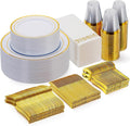 Goodluck 350 Pieces Gold Dinnerware Set for 50 Guests, Plastic Plates Disposable for Party, Include: 50 Gold Rim Dinner Plates, 50 Dessert Plates, 50 Paper Napkins, 50 Cups, 50 Gold Silverware Set