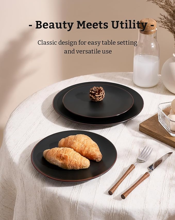 Famiware Venus Plates and Bowls Sets with Trim, 18 Pieces Stoneware Chip Resistant Dinnerware Dishes for 6, Matte Black - Microwave/Dishwasher Safe, Modern Minimalist, for Everyday Meals/Formal Dining