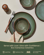 Pokini 24 Piece Double Bowl Dinnerware Sets with Pasta Bowls, Highly Chip and Crack Resistant Plates and Bowls Sets, Natural Earthyware Ceramic Dishware Sets, Service for 6 Brown Green