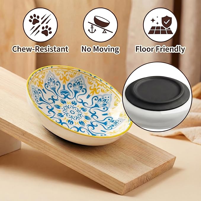 Ceramic Cat Food Bowls 6 Pack – Shallow Cat Bowl with Non-Slip Silicone Base, Whisker-Fatigue Dishes for Indoor Cats Puppy – Microwave Dishwasher Safe – 5.3 oz Cute Pet Plates for Wet Dry Food Water