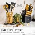 Black and Gold Kitchen Utensils Set - 7-Piece Silicone Cooking Tools with Gold Utensil Holder for Nonstick Cookware and Modern Kitchens - Stylish Luxury Kitchen Accessories