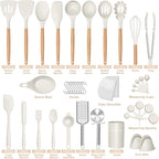Silicone Cooking Utensils Set, 43Pcs Non-Stick Heat Resistant Kitchen Utensils Spatula Set with Wooden Handle for Baking, Cooking, and Mixing, Best Kitchen Gadgets Tools with Holder (White)